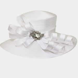 Beloved Millinery Elegant White Jeweled Ribbon Brooch Hat Church Brunch